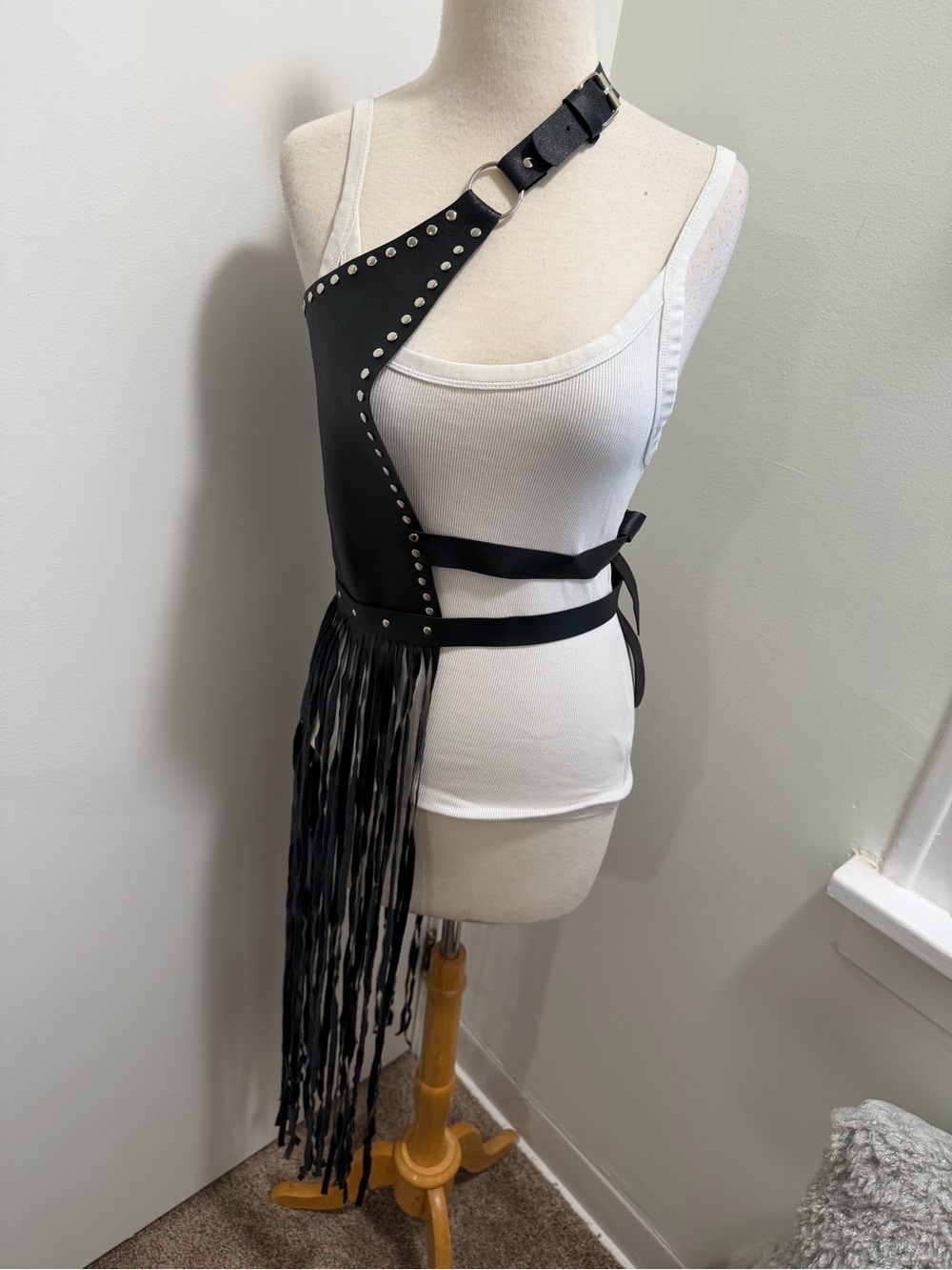 Black Fringe Faux Leather Harness Belt - Women Accessories